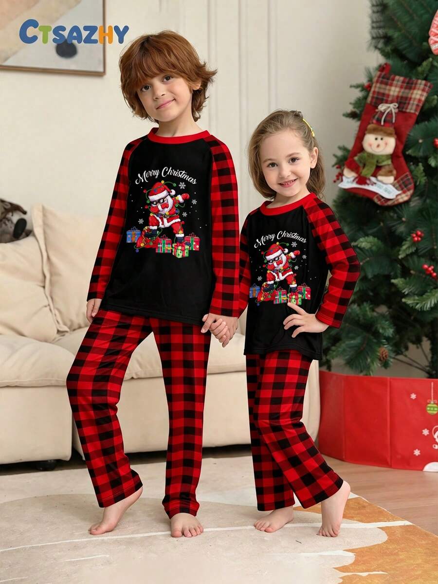Tween Girl Christmas Pajama Set 2pcs, Contrast Raglan Sleeve Design, Round Neck Blessing Words Santa Claus Gift Print Long Sleeve Top, Red & Black Plaid Pajama Pants, Holiday Loungewear Set, Christmas Gift - Multicolor - View 1