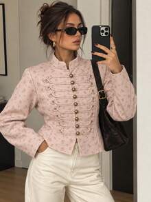 GMFP Women's Spring/Autumn Pink Soft Ditsy Floral Stand Collar Frog Button Slim Fit Cropped Jacket, Suitable For Back To School, Halloween, Christmas Party And Daily Wear - Pink - View 2