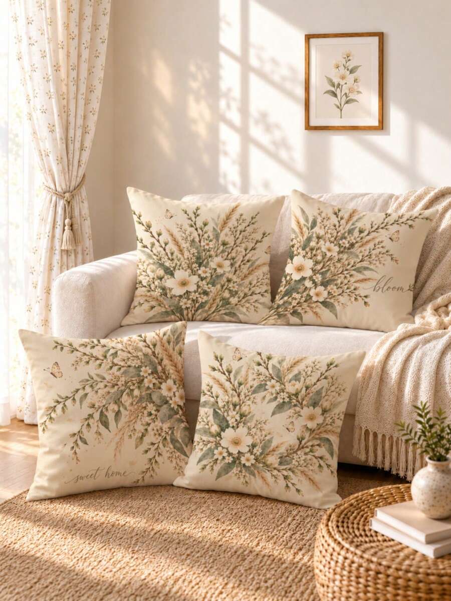 MEMNUN 4pcs Set Pastoral Wheat & Flower Illustration Pattern Printed ...
