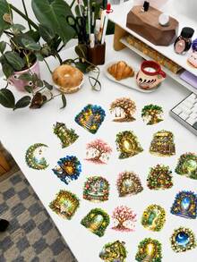 50Pcs Fairy Cottage PET Stickers, Enchanted Forest Mushroom House Floral Gate Decals, Aesthetic Stickers For Scrapbook Album Handmade Craft Card Making Art Projects - Multicolor - View 4