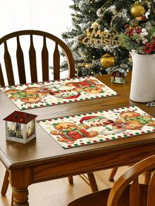 4 Pcs Christmas Gingerbread Man Snowman Placemats Gift Box Snowflake Stripe Border Heat Resistant Table Mats Farmhouse Xmas Dining Table Decor - Red and White - View 8