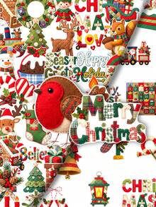 50Pcs Felt Style Christmas Stickers, Adorable Plaid Winter Holiday Xmas Element Decals, Scrapbook Journal Decorative Stickers, Cute Aesthetic Christmas Decor Stickers - Multicolor - View 2