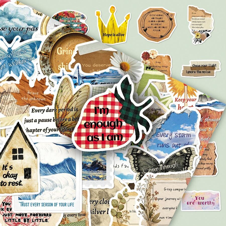 50pcs Vintage Inspirational English Art Fresh Healing Ins Style Distressed Decorative Stickers For Scrapbooking - View 1