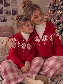 Áo cardigan len vặn thừng có mũ họa tiết hình học phong cách nữ sinh đại học cho bé gái, tay dài, phù hợp mặc hàng ngày, mùa xuân, thu, đông - Đỏ - Xem 2