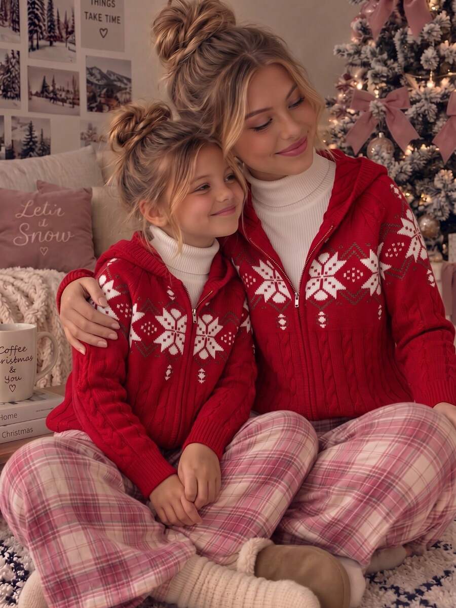 Christmas Girls' College Style Geometric Pattern Cable Knit Hooded Cardigan Sweater, Long Sleeve, Suitable For Daily Wear, Spring, Autumn, Winter - Red - View 1