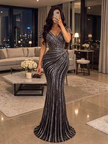 Faeriesty Luxury Glamorous V-Neck Shell Decor Mermaid Evening Gown, 3D Tailored Design, Train Design, Black, Suitable For Autumn Wedding Party - Black - View 5