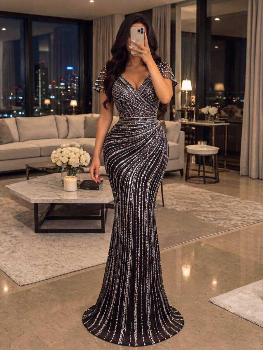 Faeriesty Luxury Glamorous V-Neck Shell Decor Mermaid Evening Gown, 3D Tailored Design, Train Design, Black, Suitable For Autumn Wedding Party