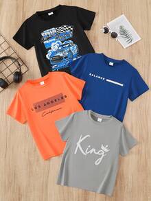 Purechapter 4pcs/Set Summer Boys Cartoon Letter Print T-Shirt Set, Casual Lightweight Comfortable Round Neck Short Sleeve T-Shirt, Multi-Color, Suitable For All Seasons - Multicolor - View 1