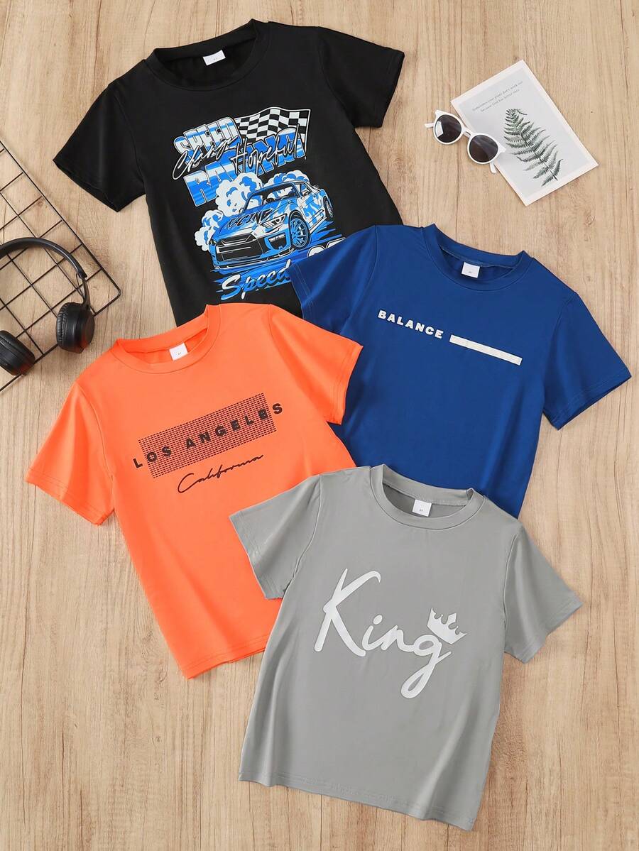 Purechapter 4pcs/Set Summer Boys Cartoon Letter Print T-Shirt Set, Casual Lightweight Comfortable Round Neck Short Sleeve T-Shirt, Multi-Color, Suitable For All Seasons - Multicolor - View 1