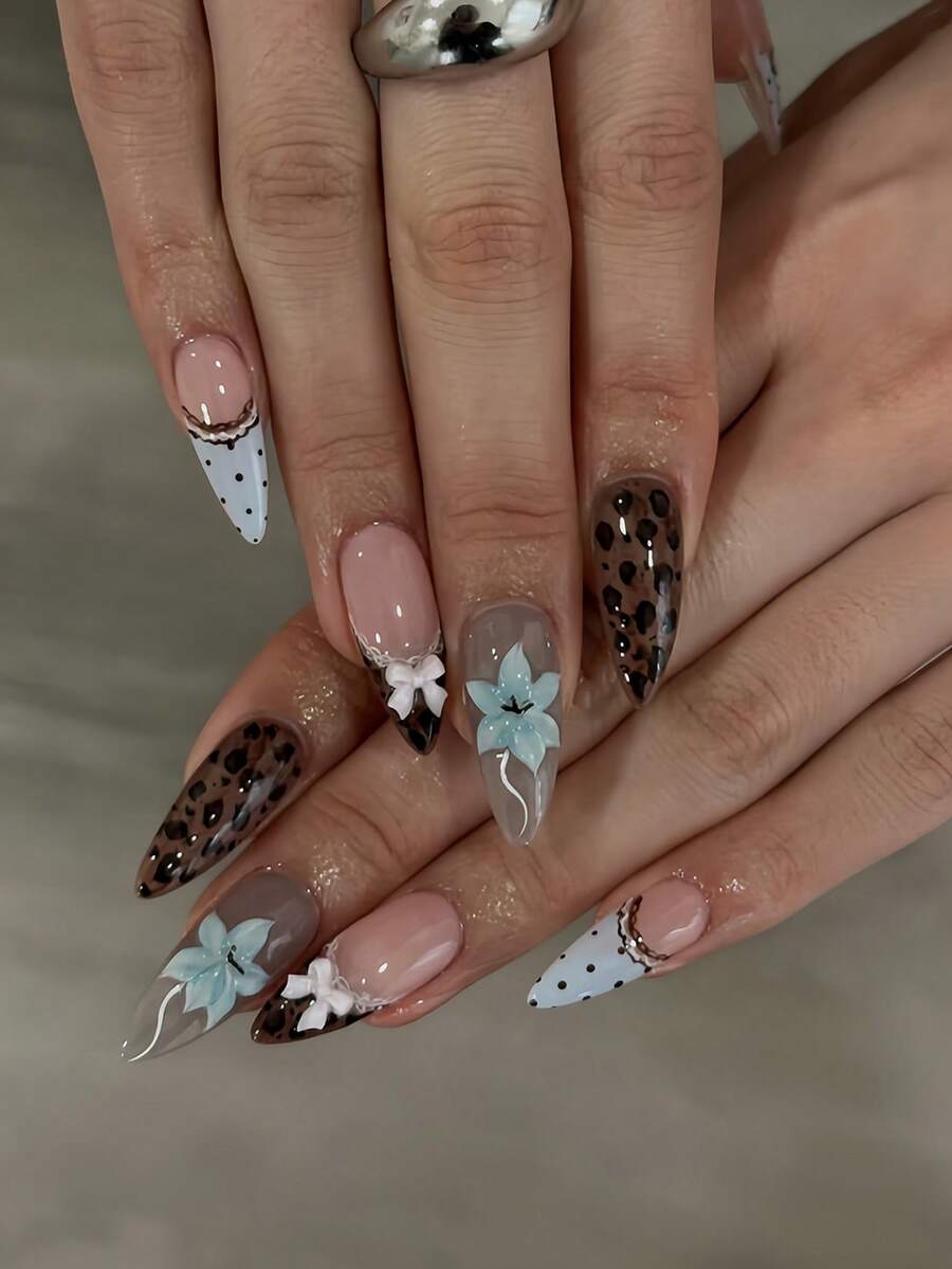 24Pcs Stiletto Press On Nails, Nude Pink Base Fake Nails, Leopard Print ...