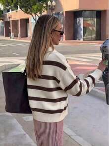 Plus-Size Cream Brown Striped Polo V-Neck Drop Shoulder Long Sleeve Ribbed Knit Pullover Women Casual Chic Homecoming Christmas Fall Winter - Khaki - View 3