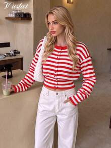 Vuslat Women's Autumn/Winter Fashion Y2K Slim Fit Striped Round Neck Long Sleeve Cropped Cardigan, Suitable For Daily Wear, Street Style, Commuting, Christmas And New Year - Red - View 6