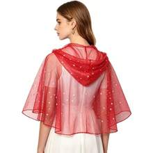 1pc Christmas Star Foil Print Short Cape For Carnival Party, Stage Performance, Halloween, Cosplay, Spring/Summer Short Shawl, Star Mesh Hooded Cardigan Cape - Red - View 3