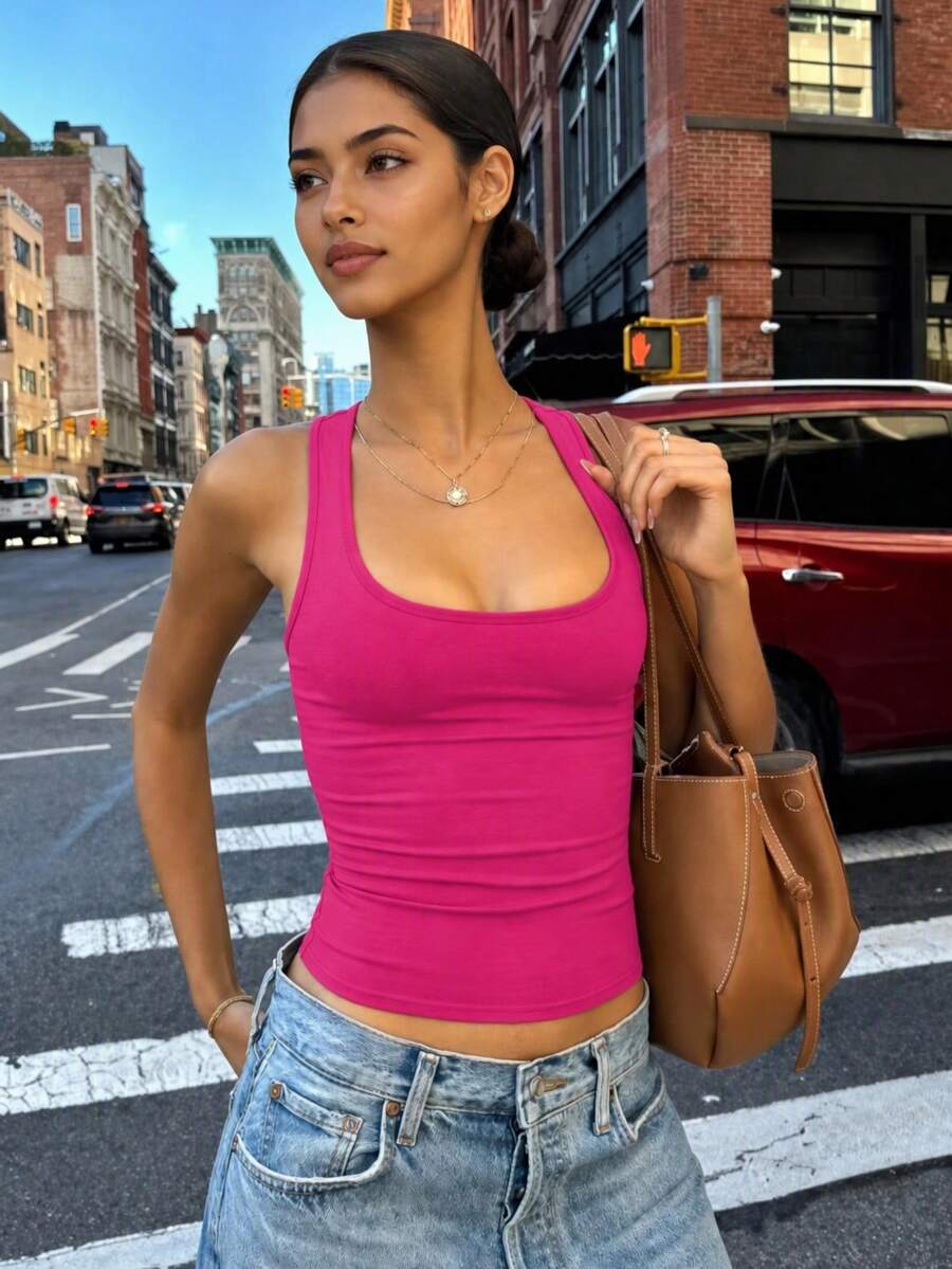 Women's Casual Solid Color Fitted Crop Top, Sexy Camisole For Street, Daily Wear, Vacation, Spring/Summer - Hot Pink - View 1