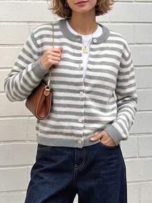 Fall Casual Women Striped Knit Cardigan Soft Round Neck Button Front Long Sleeve Loose Fit Winter Knitted Sweater Jacket For Daily - Multicolor - View 8