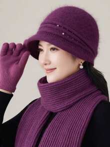 1pc Elegant Ladies Fuzzy Knit Hat, Rhinestone Embellished Curved Brim Bucket Beanie Thick Windproof Winter Bucket Hat For Middle-Aged Elderly Women - MZY2614 Rhinestone Bucket Hat for Middle-aged Adults - View 1