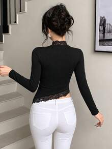 abyoxi Women Black Lace Splicing Mock Neck Long Sleeve Top, Irregular Asymmetrical Hem Slim Fitted, Autumn/Winter Blouse - Black - View 2