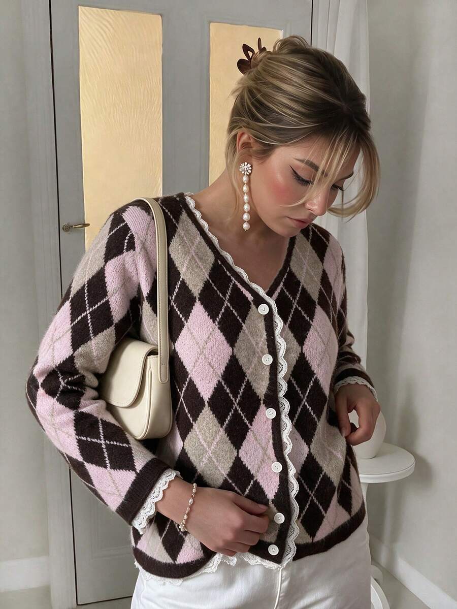 Women's Argyle Pattern Jacquard Lace Patchwork Long Sleeve Knit Top - Multicolor - View 1
