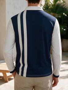 Men's Navy & White Contrast Vertical Striped Long Sleeve Polo Shirt, Old Money Style Casual Collared Top - Multicolor - View 3