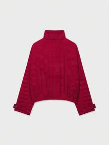 YROOE Women's Autumn/Winter Red & Black Small Plaid Stand Collar Zipper Raglan Sleeve Loose Short Jacket - Red - View 3