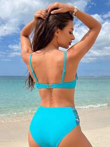 WaveBikini Teal Tropical Floral Print Colorblock High Waist Bikini Set, Beach Vacation Tropical Fresh Style - Multicolor - View 5