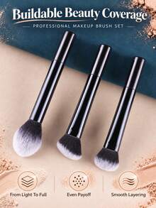 3pcs Makeup Brush Set, Powder Brush, Blush Brush, Foundation Brush, Contour Brush, Multi-Functional, Super Soft Bristles, No Cakey Finish, Exquisite Makeup Application - Black - View 5