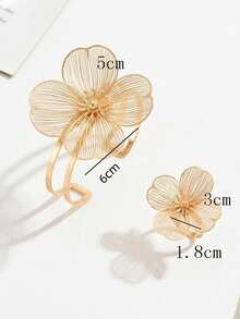 2pcs/Set New Creative Elegant Summer Floral European & American Style Personalized Bracelet And Ring Set, Suitable For Party, Daily Wear And Date Outfits - Yellow Gold - View 3