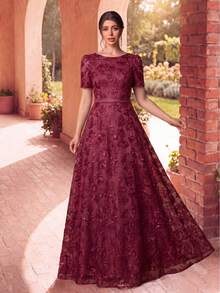 Women's Floor-Length Embroidered Sequin Party Dress - Burgundy - View 1