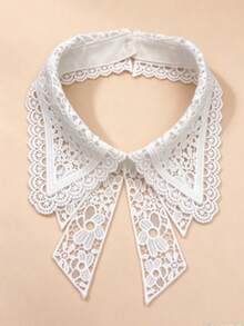 1pc White Water-Soluble Embroidered Bow Tie Collar Lace Hollow Out Blouse - White - View 2