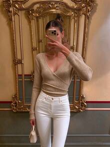 Autumn/Winter New Fine Glitter Cross-Wrap V-Neck Knitted Sweater, Slim Fit Ruched Waist Long Sleeve Pullover, Elegant Mature Style, Versatile Top For Daily Commute, Date, Gathering, Weekend Outing - Apricot - View 4