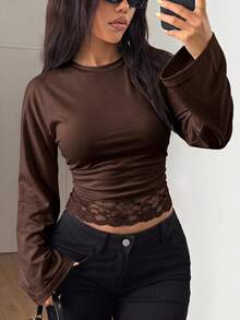 Plus Size Lace Hem Long Sleeve Round Neck Top, Solid Brown Fitted Short T-Shirt, Casual Street Style For Daily Outings And Coffee Dates - Brown - View 2