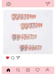 30片杏仁形穿戴式美甲貼，可愛貓咪與星星美甲設計，鑲嵌水鑽與珍珠裝飾，套裝包含：1片果凍膠與1片美甲锉，適合女性與女孩在節日派對、秋冬季節佩戴 - 彩色 - 查看 4