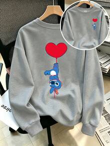 Disney Women's Plus-Size Casual Long-Sleeve Crewneck Sweatshirt, Featuring A Double-Sided Stitch-And-Heart Print-Perfect For Autumn And Winter. - Grey - View 1