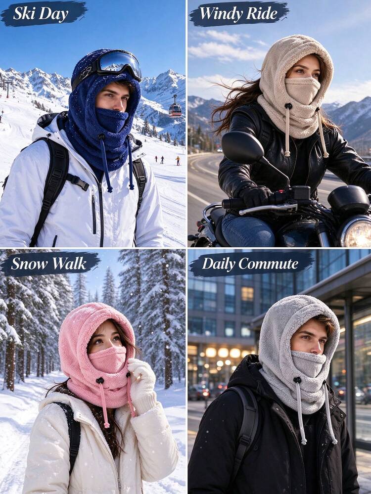 Fashion Thick Fleece Winter Hat, Adjustable Drawstring Fit, Warm Hooded Neck Scarf, Unisex Full Face Balaclava, Suitable For Motorcycle Riding, Hiking, Winter Vacation, Daily Casual Wear, Cold Weather Wardrobe Accessory - Multicolor - View 8
