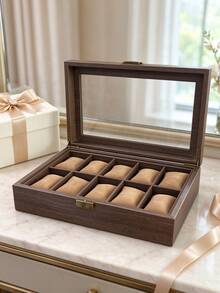 1pc 10-Slot Walnut Wood Watch Storage Box, Transparent Glass Lid, Velvet Pillow Watch Display Box, Dust-Proof Home Watch Organizer Rack, Gift For Men Watch Collectors, Watches In The Picture Are For Display Only And Not Included - Multicolor - View 6