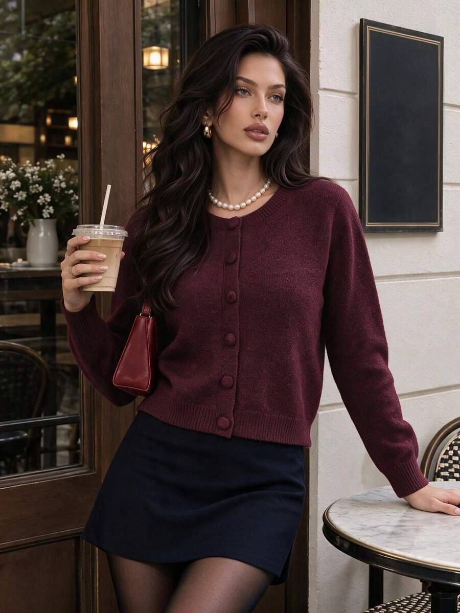 Aflion Women's Fall Winter Purple Crew Neck Button Front Short Cardigan Knit Sweater For Campus, Date And Christmas - Purple - View 1