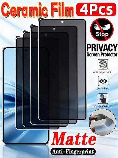 4Pcs Matte Ceramic Film Privacy Phone Screen Protector, Anti Spy Anti Peep Anti Glare Anti Fingerprint Full Coverage Touch Sensitive Anti Scratch Soft Non-Glass Film, Compatible With IPhone 17 18 Pro Max Compatible With Samsung Galaxy S26 S25 S24 Ultra FE Compatible With Xiaomi Note 14 13 Pro 4g 5g Honor X8B X9D