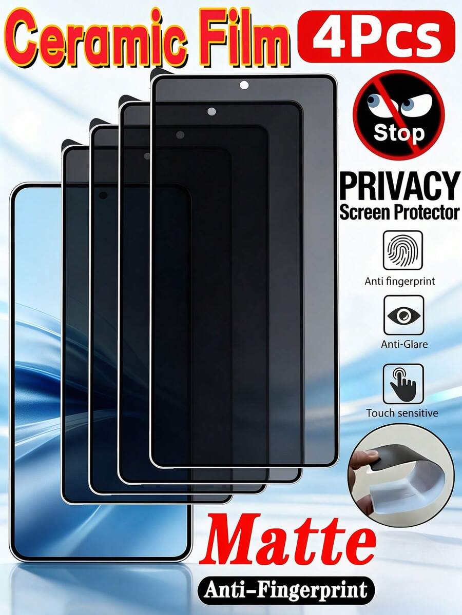 4Pcs Matte Ceramic Film Privacy Phone Screen Protector, Anti Spy Anti Peep Anti Glare Anti Fingerprint Full Coverage Touch Sensitive Anti Scratch Soft Non-Glass Film, Compatible With IPhone 17 18 Pro Max Compatible With Samsung Galaxy S26 S25 S24 Ultra FE Compatible With Xiaomi Note 14 13 Pro 4g 5g Honor X8B X9D