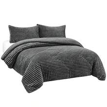 Striped Sherpa Comforter With Knitted Texture, Thick Soft Polyester Bedding Set, Thermal Quilt For Bedroom, Available In 220x240cm And 240x260cm - Dark Gray - View 9