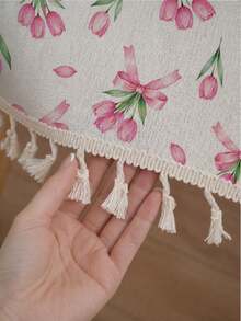 1pc Daily Minimalist Pink Bow Tulip Pattern Polyester Cotton Lace Tablecloth, Stain-Resistant With Tassel Fringe Dining Table Decor Cloth, Suitable For Square And Round Tables, Kitchen, Dining Table, Coffee Table, TV Cabinet, Entryway, Party Holiday Decoration, Home Decor, Family Gathering - Multicolor - View 3