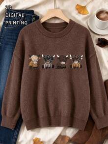 Women's Plus Size Sweater, Highland Cow Pattern, Comfortable Round Neck ...