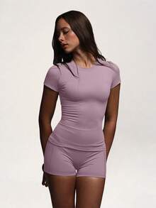 PinkTip Basic Top And Shorts Set, High-Waisted Loose Fit, Casual And Fitness Essential Item For Summer Sports - Pink - View 4