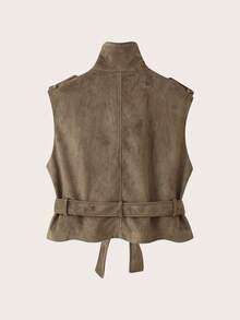 Women's Autumn/Winter High Neck Suede Vest With Belt - Khaki - View 4