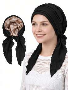 1pc Satin Lined Pre-Tied Headscarf, Ruffle Pleated Cotton Headwrap, Sleep Bonnet, Muslim Headwear - Multicolor - View 21