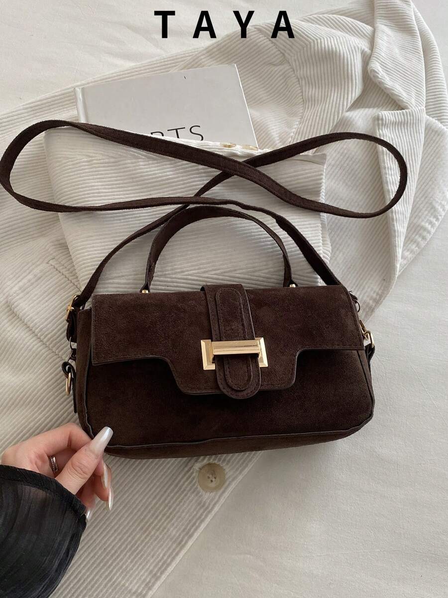 Women's Vintage Faux Suede Metal Buckle Flap Handbag, Suitable For Parties, Gatherings, Outings, Vacations, Shopping And Daily Use.