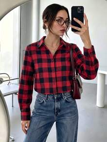 Women's Red Black Plaid Collared Long Sleeve Button Front Shirt Casual Home Office Work Daily Vintage Top Spring Summer Fall Winter - Red and Black - View 4