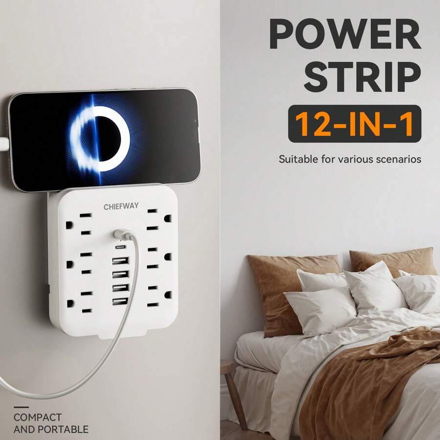 1pc 12-In-1 Power Strip With 4 USB-A Ports, 2 Type-C Ports And 6 AC Outlets. 110V-130V, A-Type Wall Socket, Portable For Home, Office And Travel