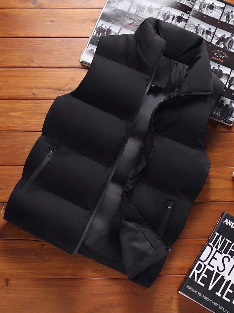 Men's Stand Collar Sleeveless Vest Jacket, Winter Warm Slim Fit Unisex Couple Style Daily Versatile Minimalist Vest Jacket - Black - View 1