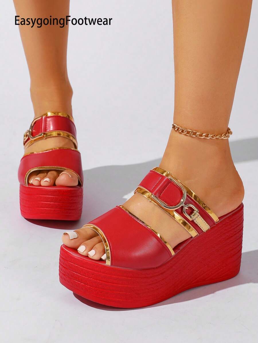 Women's Red Open Toe Fashion Outdoor Metal Decor Platform Thick Sole Versatile Comfortable Wedge Sandals - Red - View 1