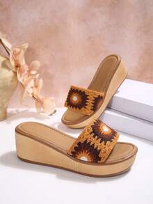 Women Crochet Lace Wedge Slide Sandals, Bohemian Open Toe Platform Slip On Summer Slippers - Orange - View 7